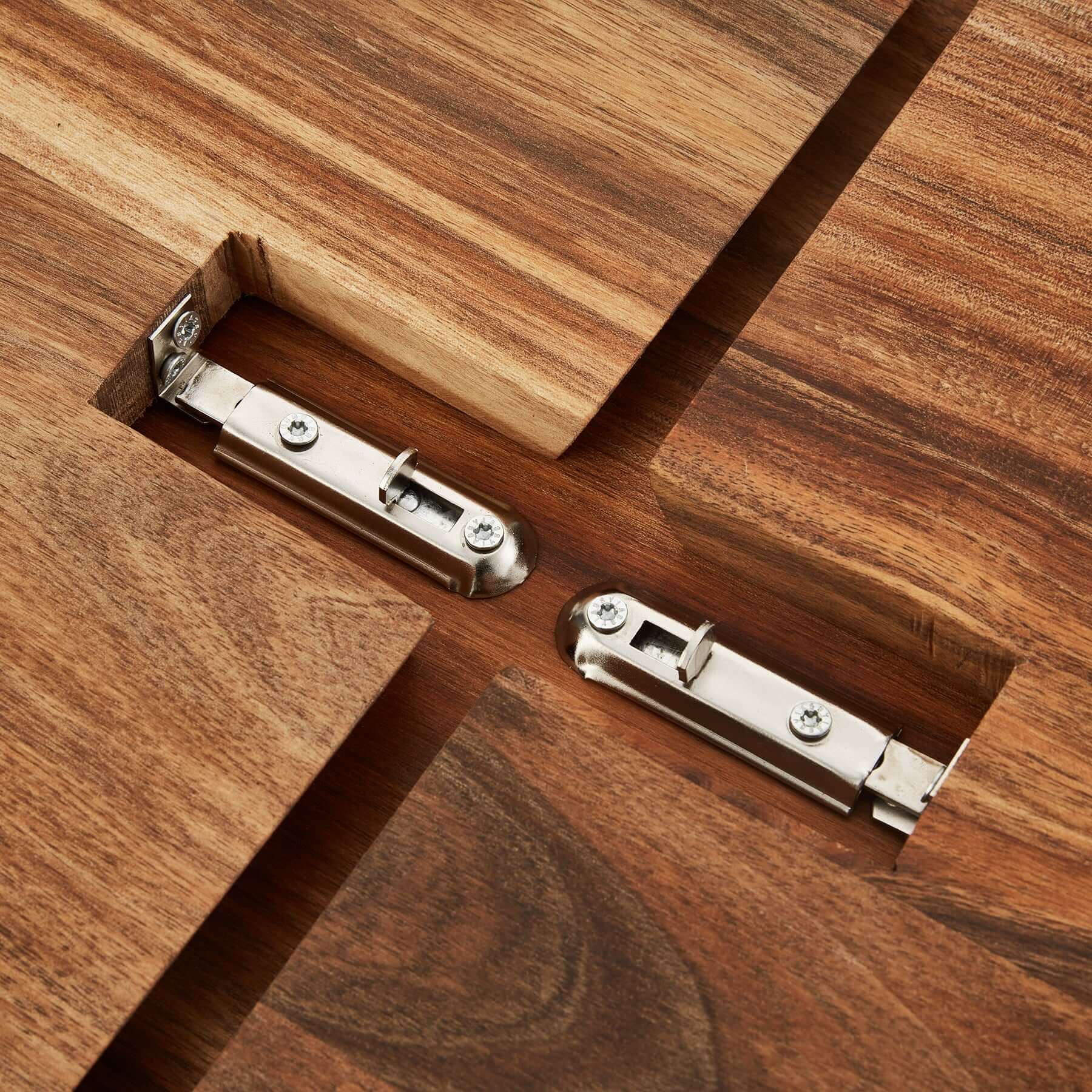 Close-up of the My Butchers Block Grazing Table's wooden finish and stainless steel hinges for functional elegance.
