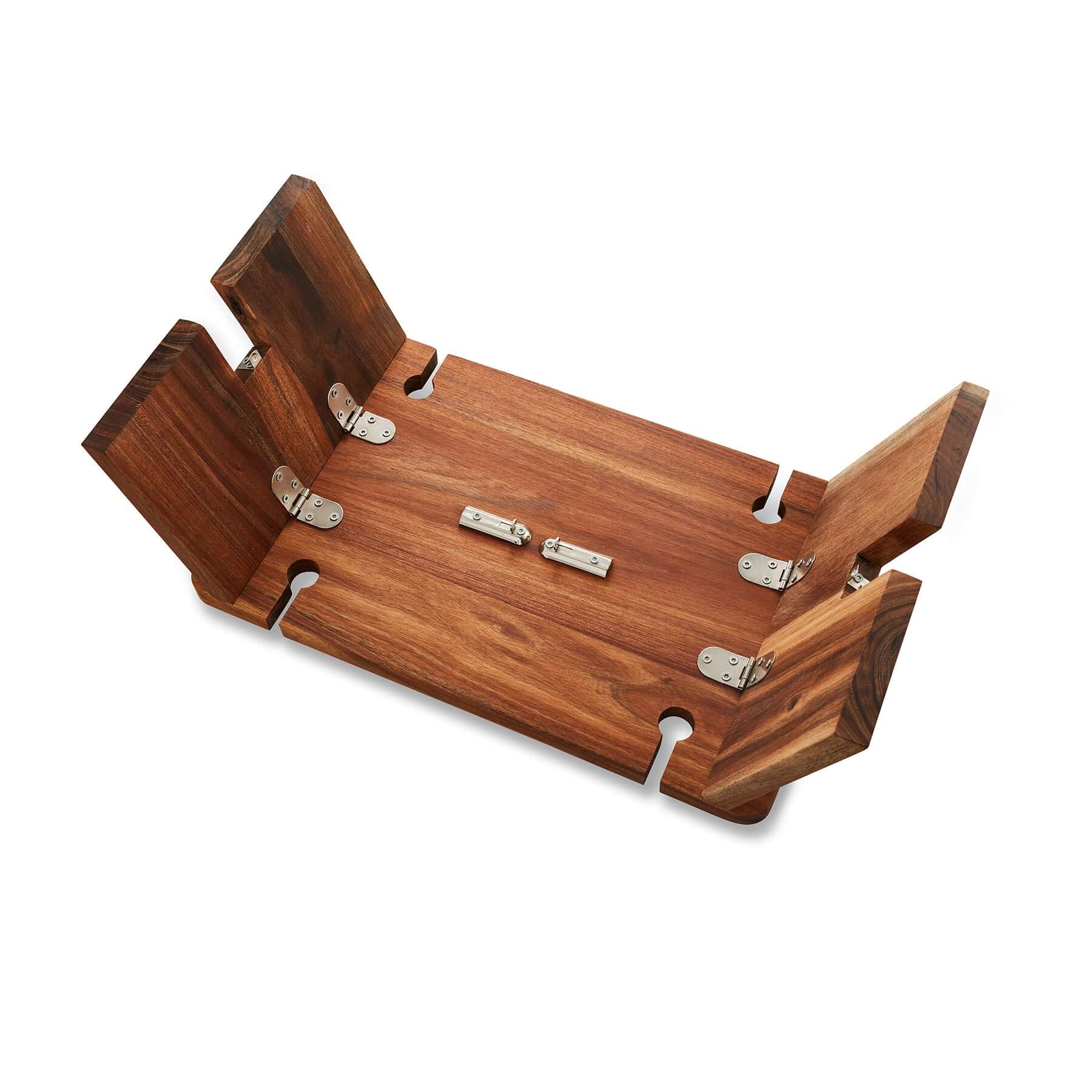 My Butchers Block Grazing Table shown folded for easy storage, showcasing its stylish wooden design.