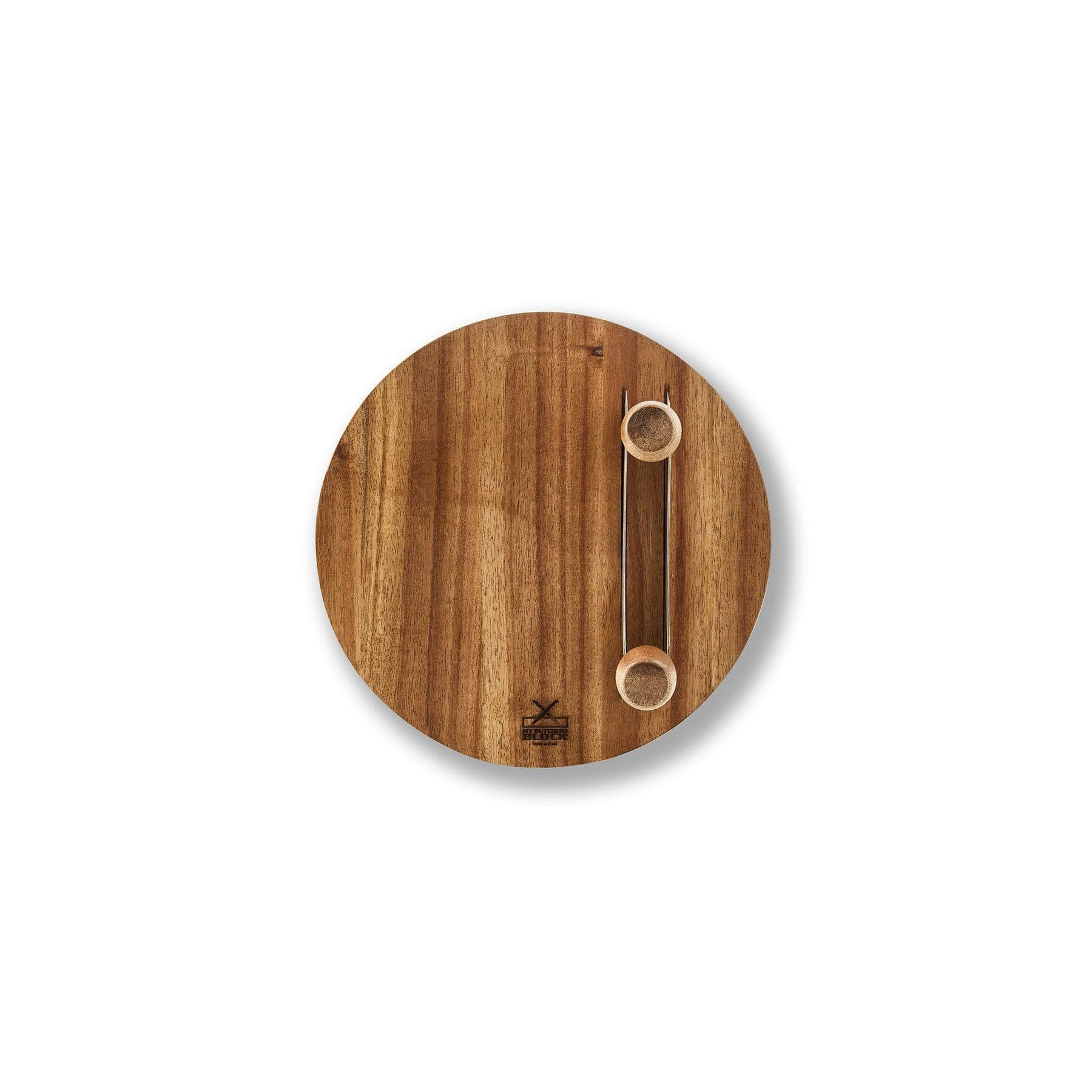 Top view of a round wooden Mezzaluna cutting board with ergonomic handles for efficient herb chopping.