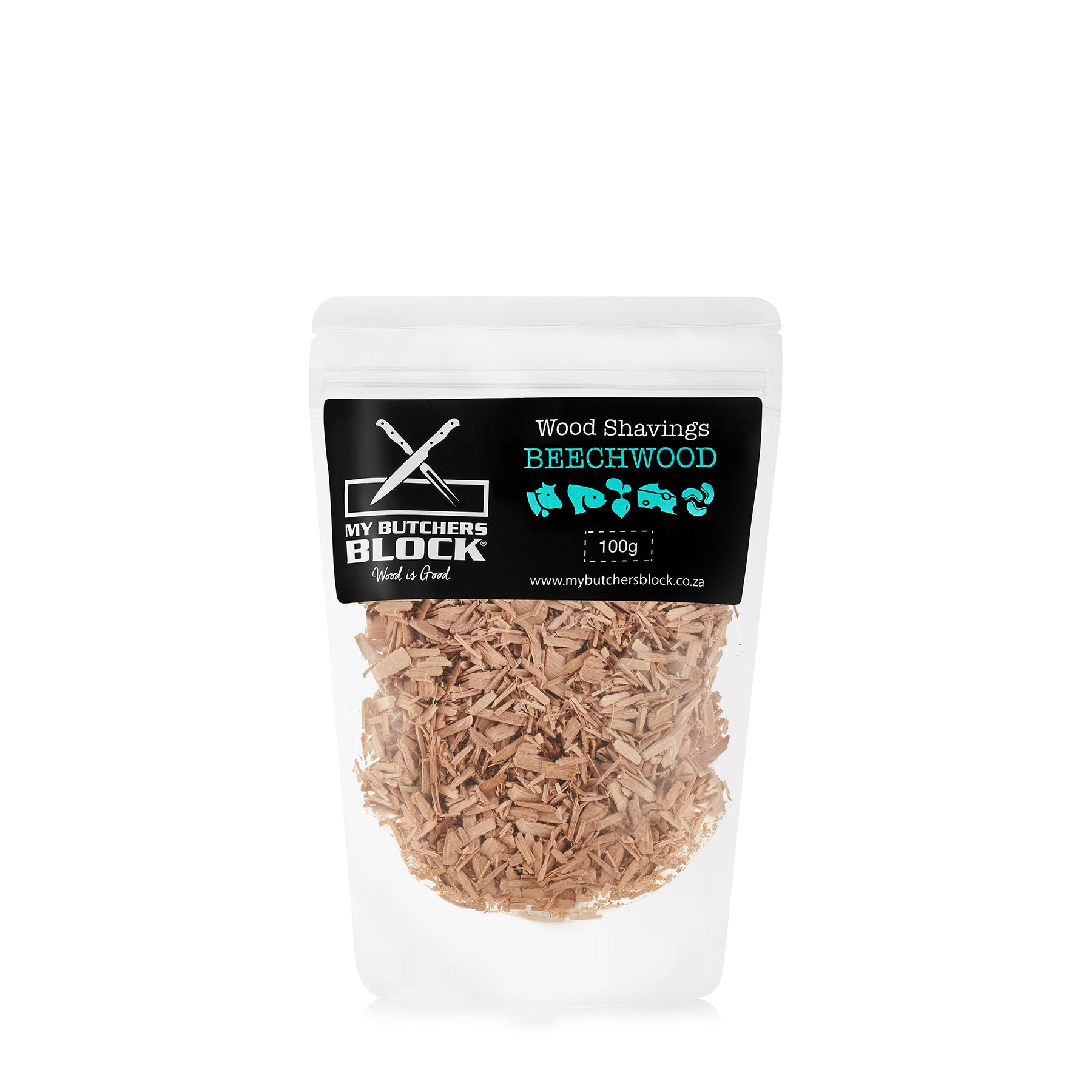 My Butchers Block Beechwood wood shavings in a clear bag, perfect for enhancing flavors in smoked meats.
