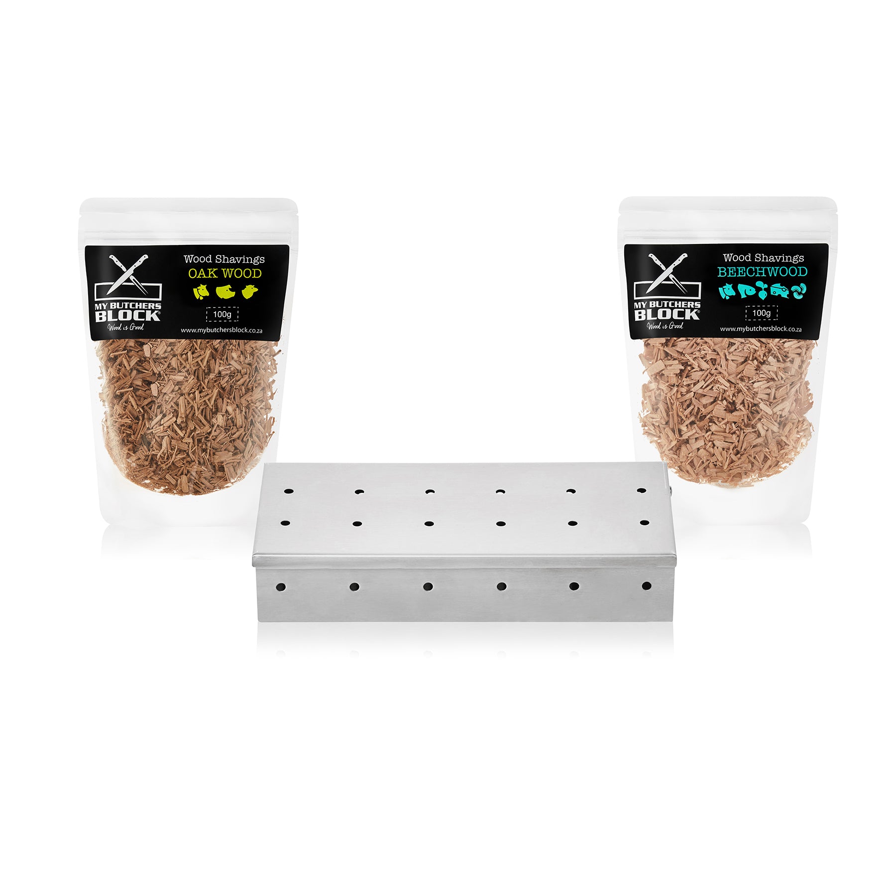 Meat Smoking Kit featuring Beechwood and Oak wood shavings with stainless steel smoker box for flavor-enhanced grilling.