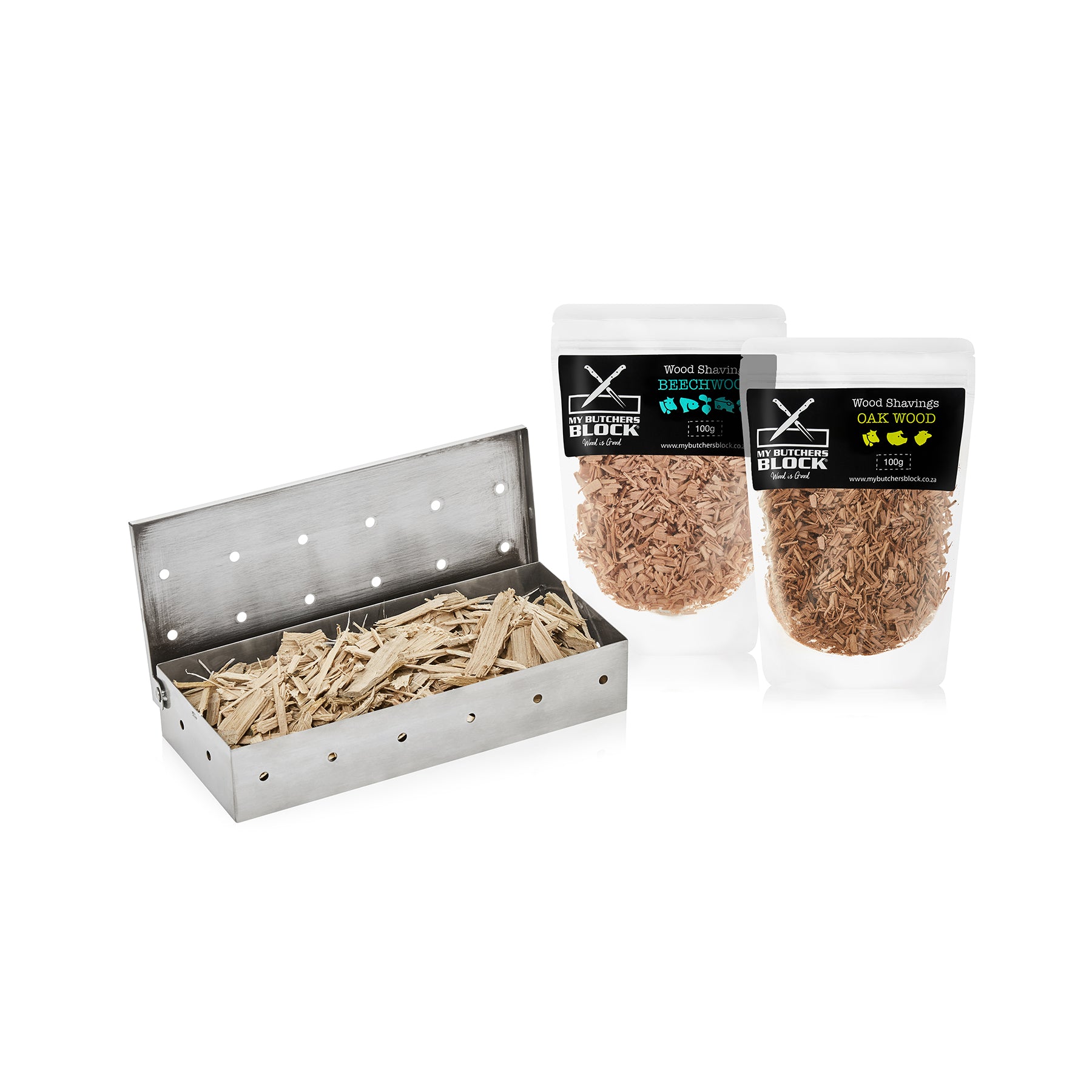 Meat Smoking Kit with stainless steel smoker box and packs of Beechwood and Oak wood shavings for BBQ flavor.