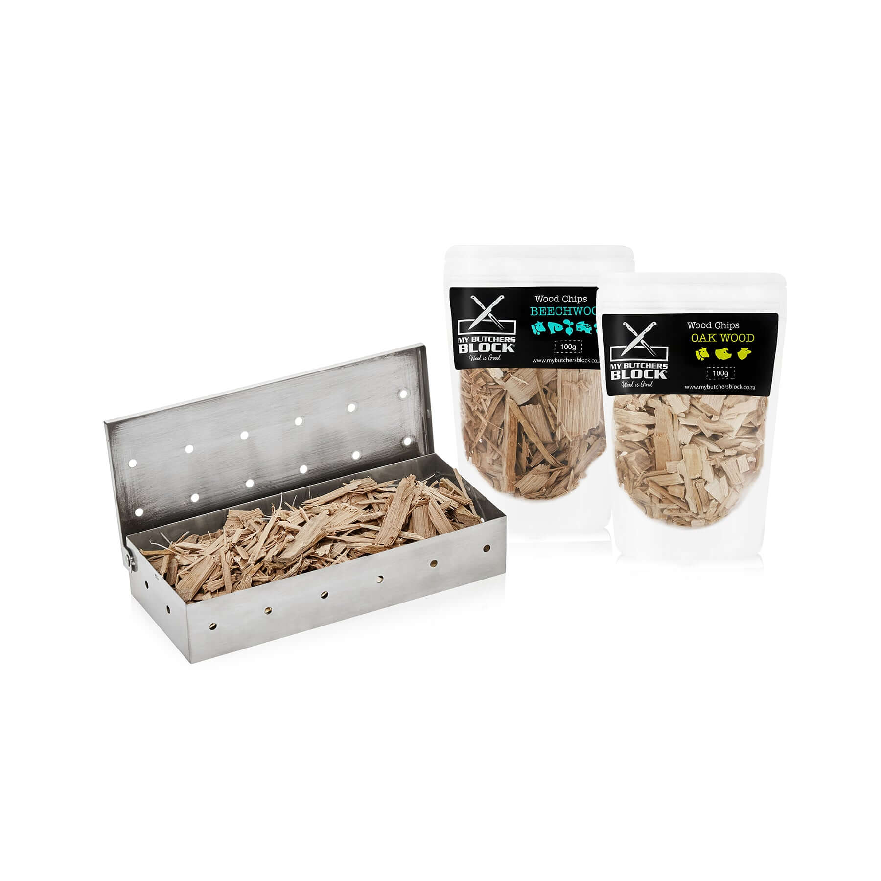 Meat Smoking Kit – Beechwood & Oak with Smoker Box including premium wood chips and stainless steel smoker box.