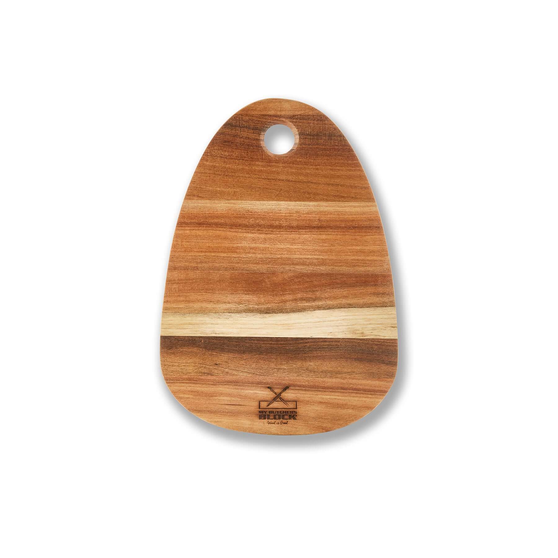 Small egg-shaped paddle serving board in natural wood finish, ideal for charcuterie and elegant hosting.