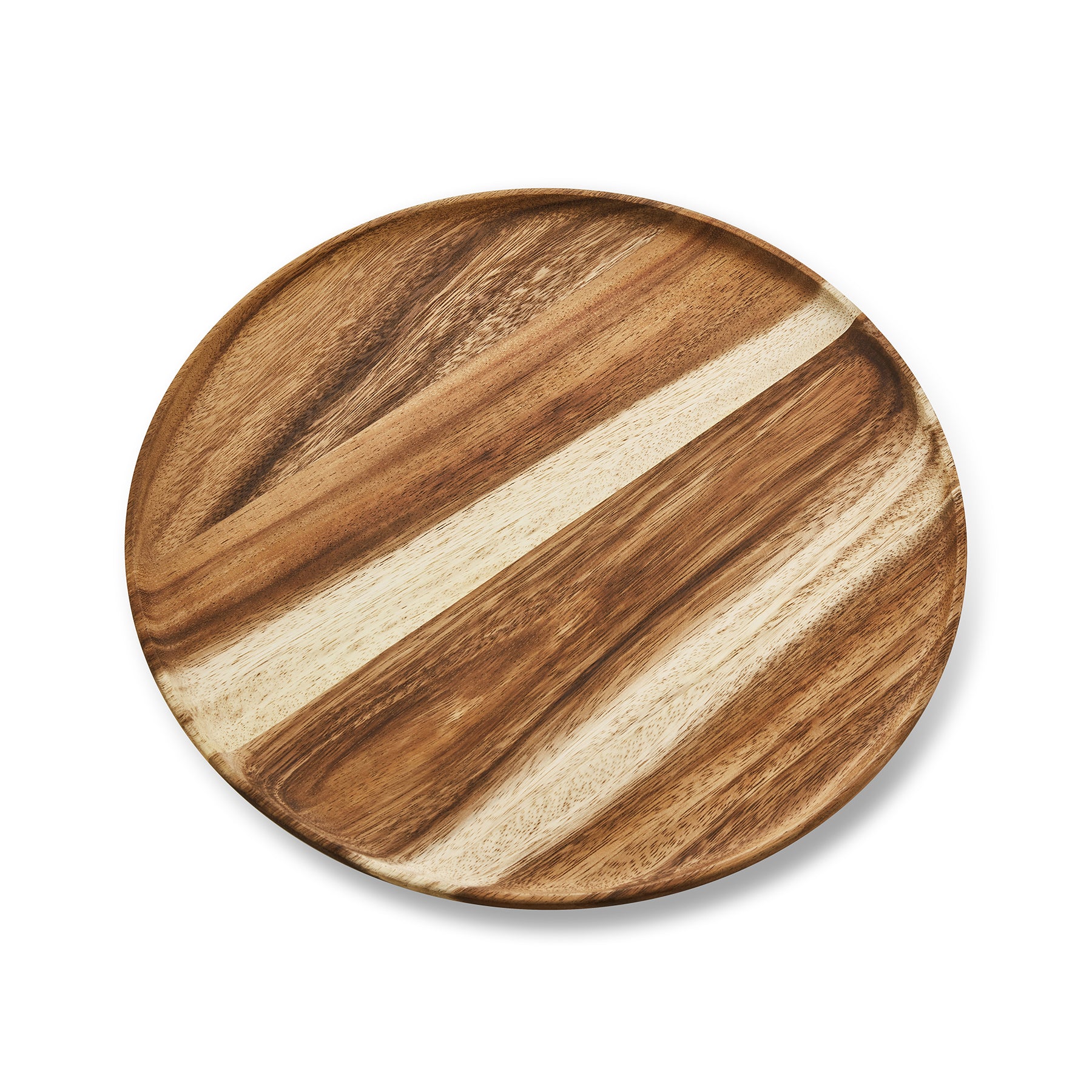 Handcrafted round wooden dinner plate made of Acacia wood, featuring a rustic, elegant design in rich tones.