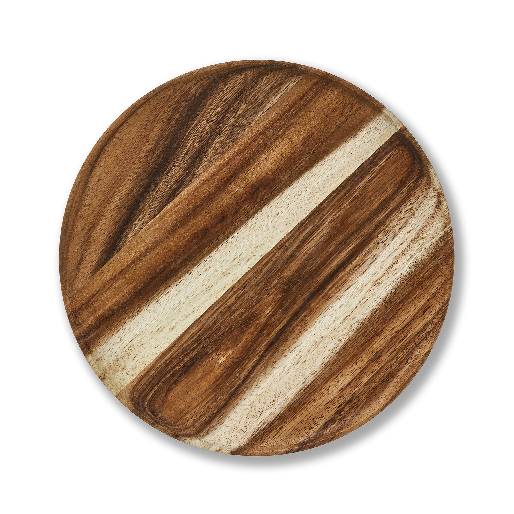 Round wooden dinner plate with a rustic design, handcrafted from Acacia wood, ideal for elegant dining.