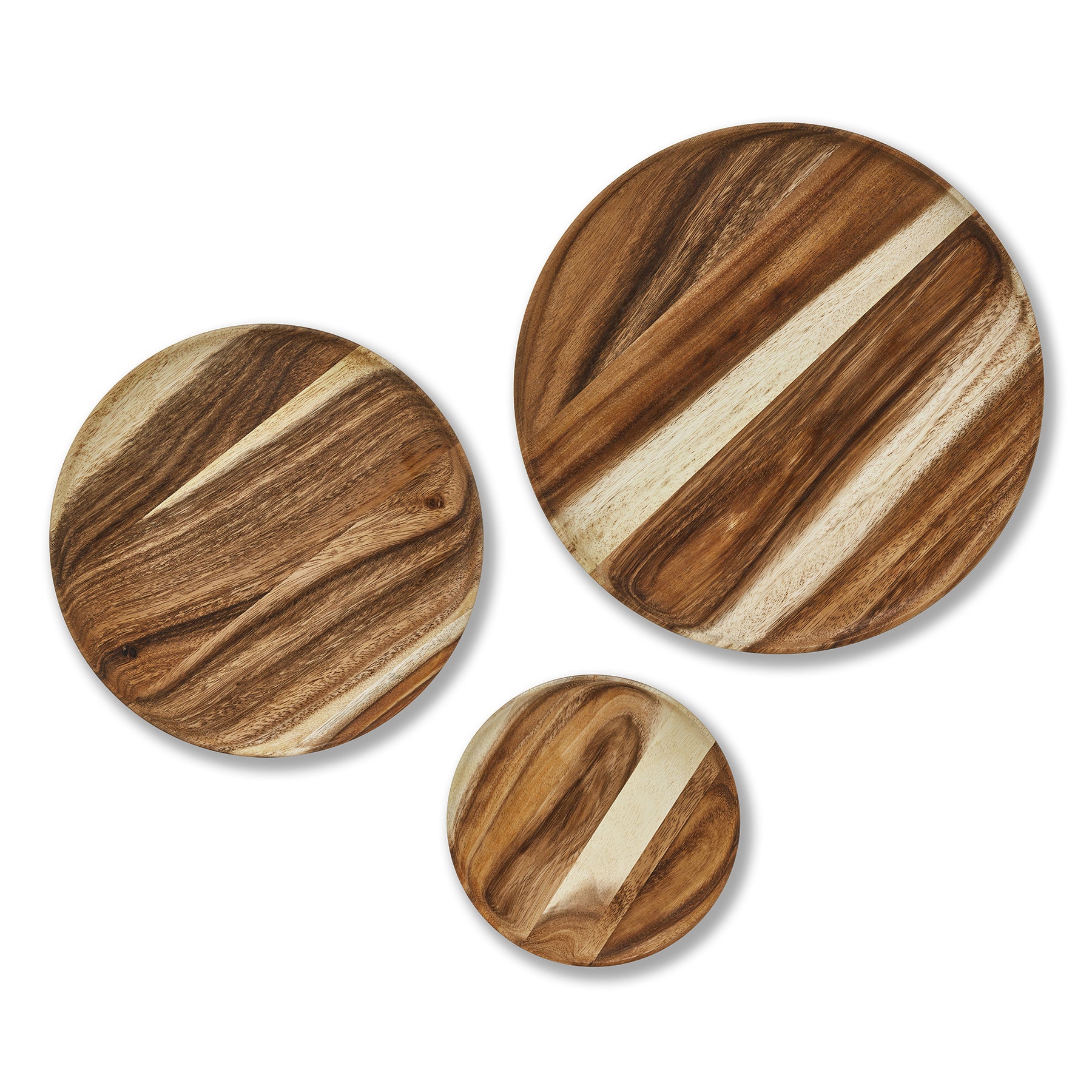 Three handcrafted round wooden dinner plates in small, medium, and large sizes, showcasing natural Acacia wood patterns.