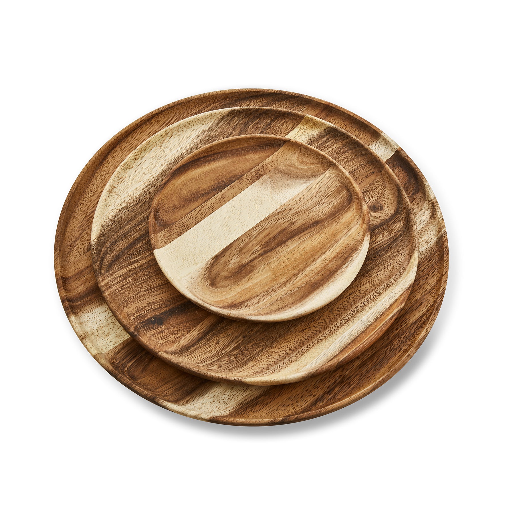 Set of round wooden dinner plates in small, medium, and large sizes, handcrafted from solid Acacia wood.