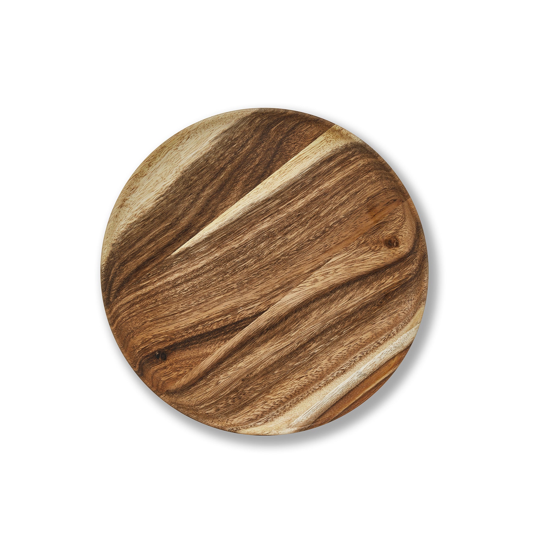 Round wooden dinner plate handcrafted from Acacia wood with a unique grain pattern, perfect for stylish dining.