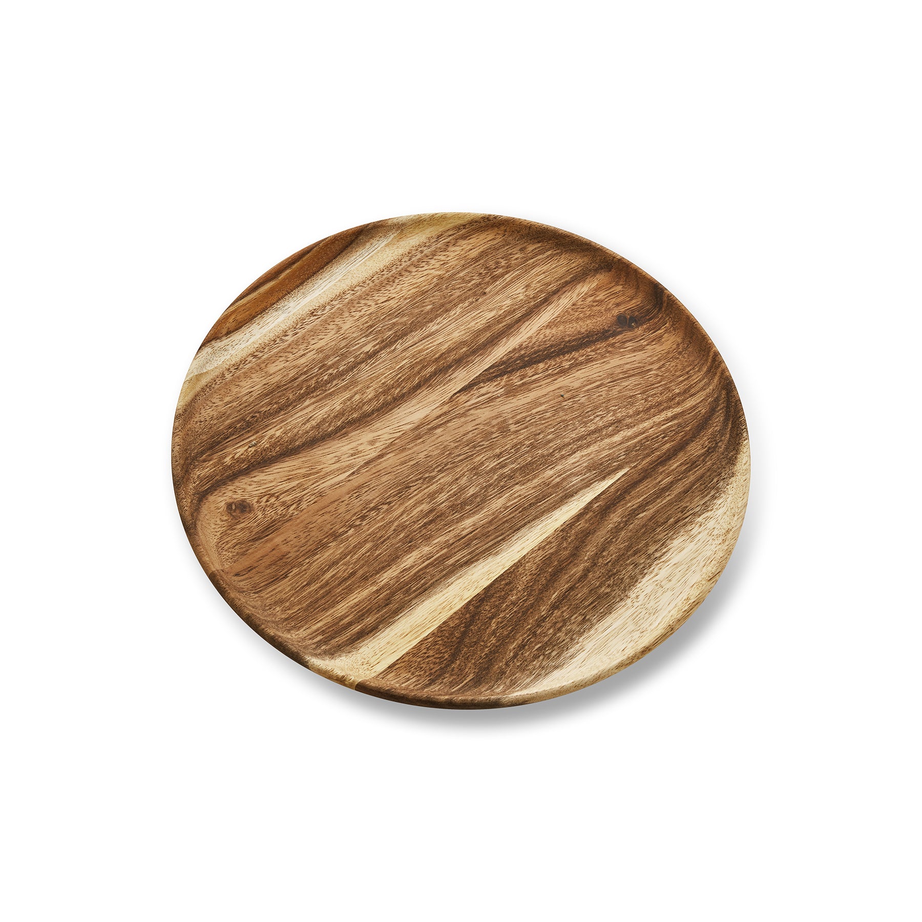 Round Acacia wood dinner plate showcasing rustic and modern design, ideal for elegant dining and entertaining.