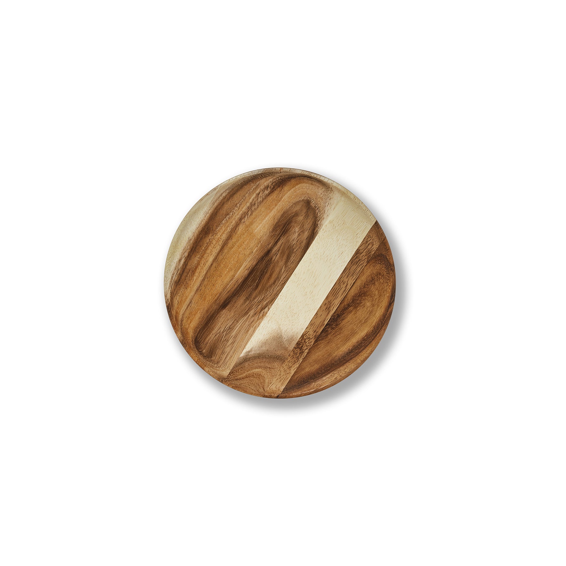 Handcrafted round wooden dinner plate in Acacia wood with a rustic finish, ideal for stylish dining.