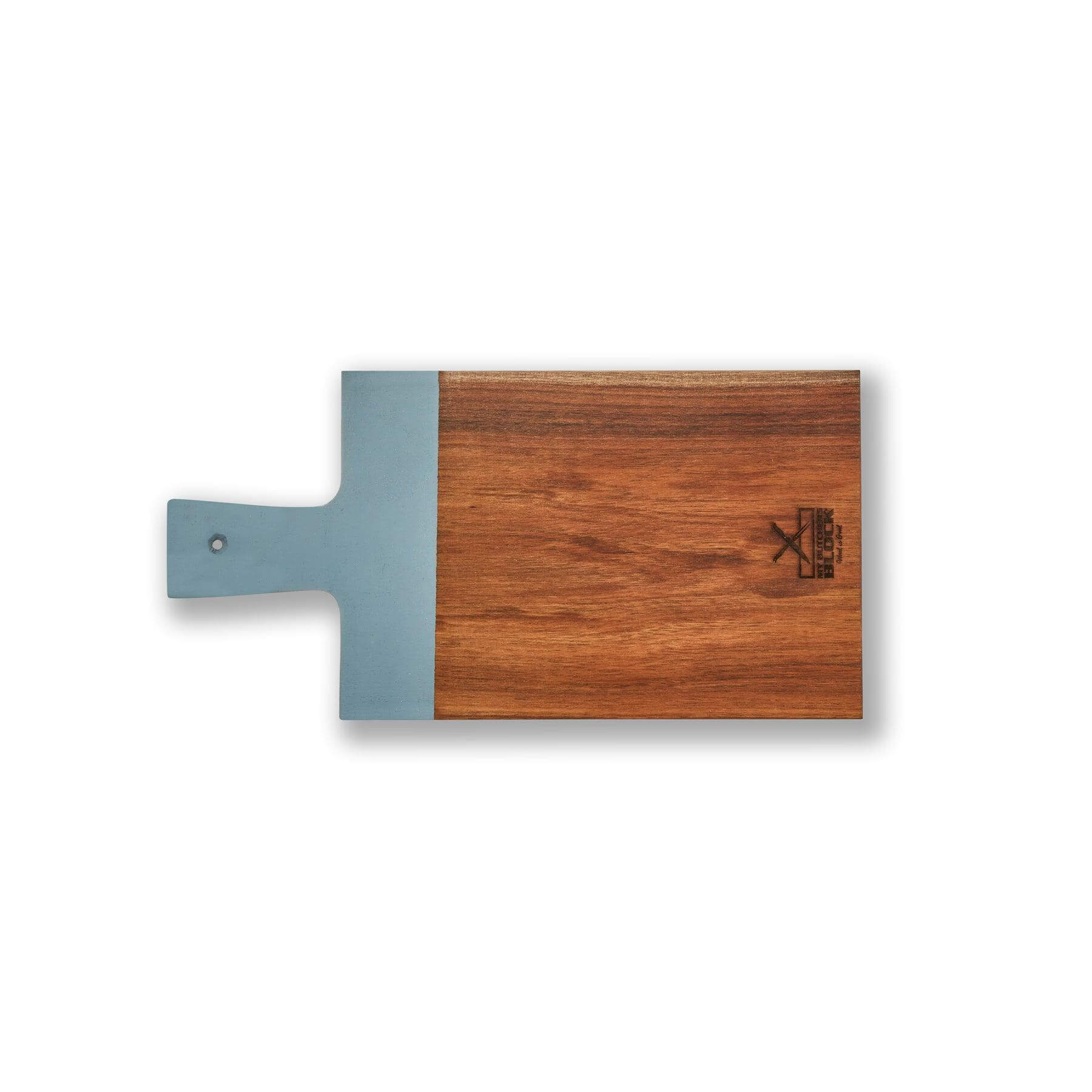 Dipped Serving Board Small in shadow blue with natural Acacia wood grain, perfect for serving snacks.