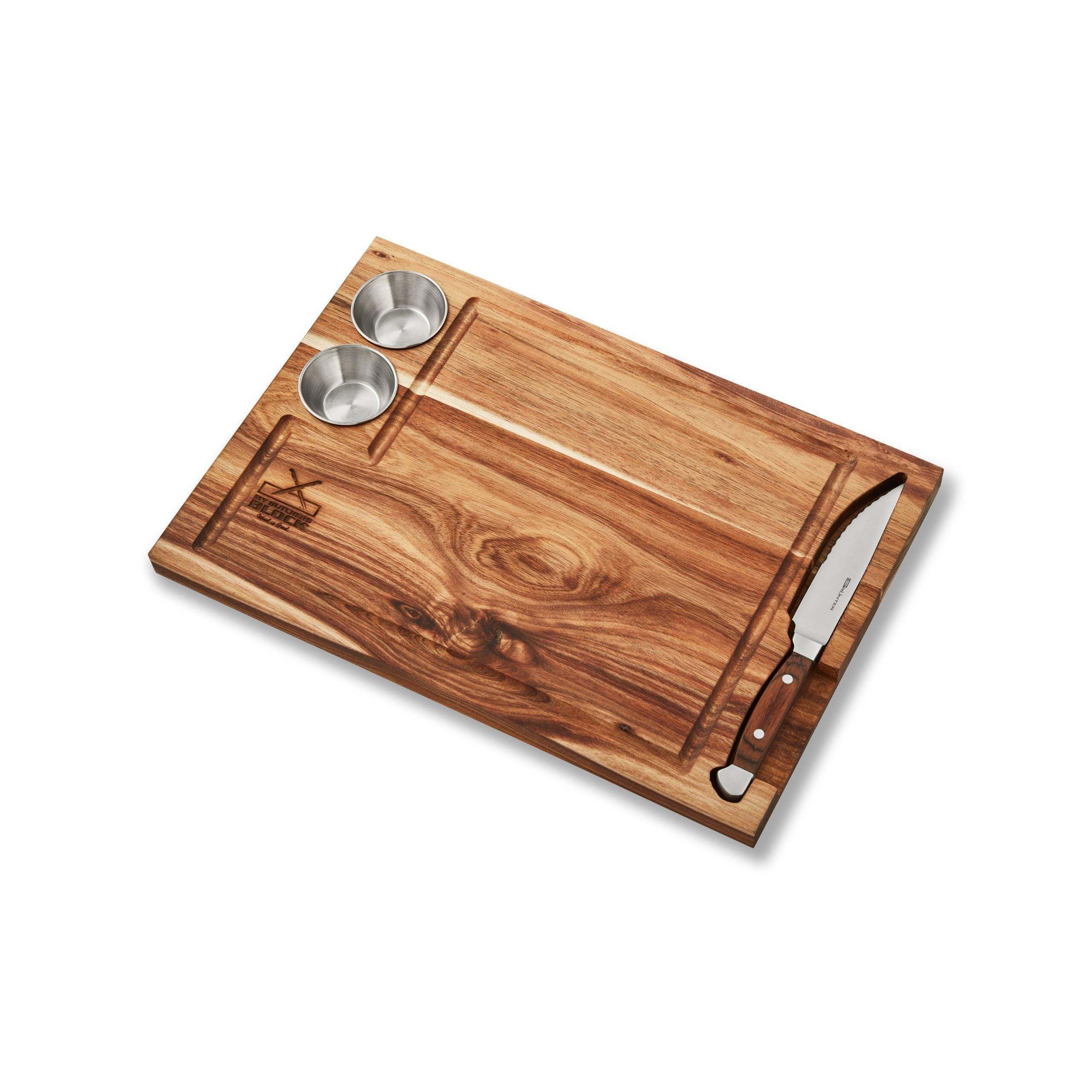 Steak board and knife combo featuring two dipping bowls and juice groove for effortless steak dining.