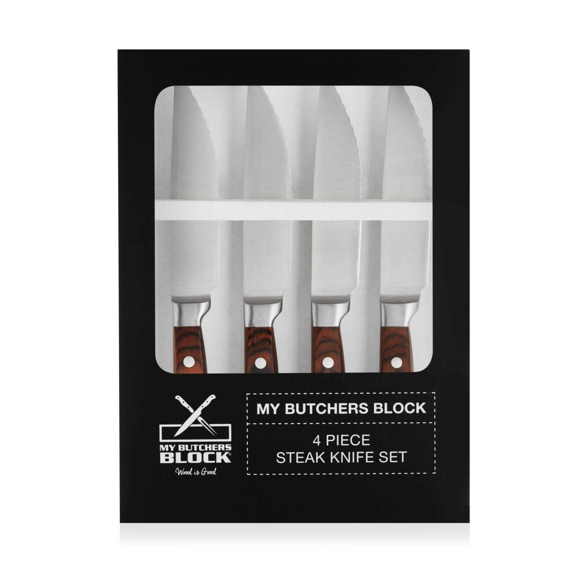 Set of 4 high-quality steak knives with wooden handles and stainless steel blades in a stylish packaging.