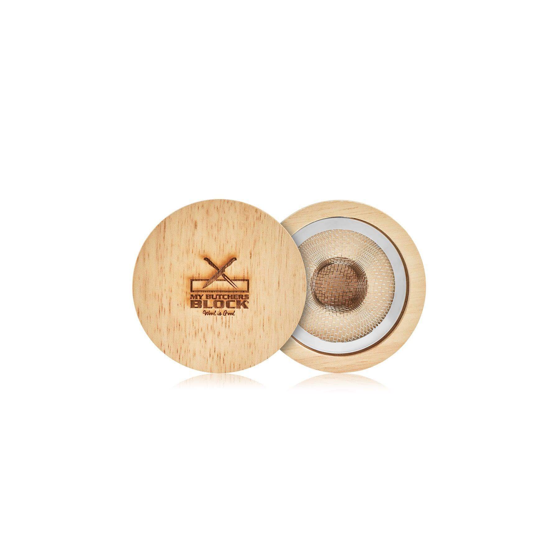 Wooden cocktail smoker lid with metal mesh sieve for infusing flavors in drinks.