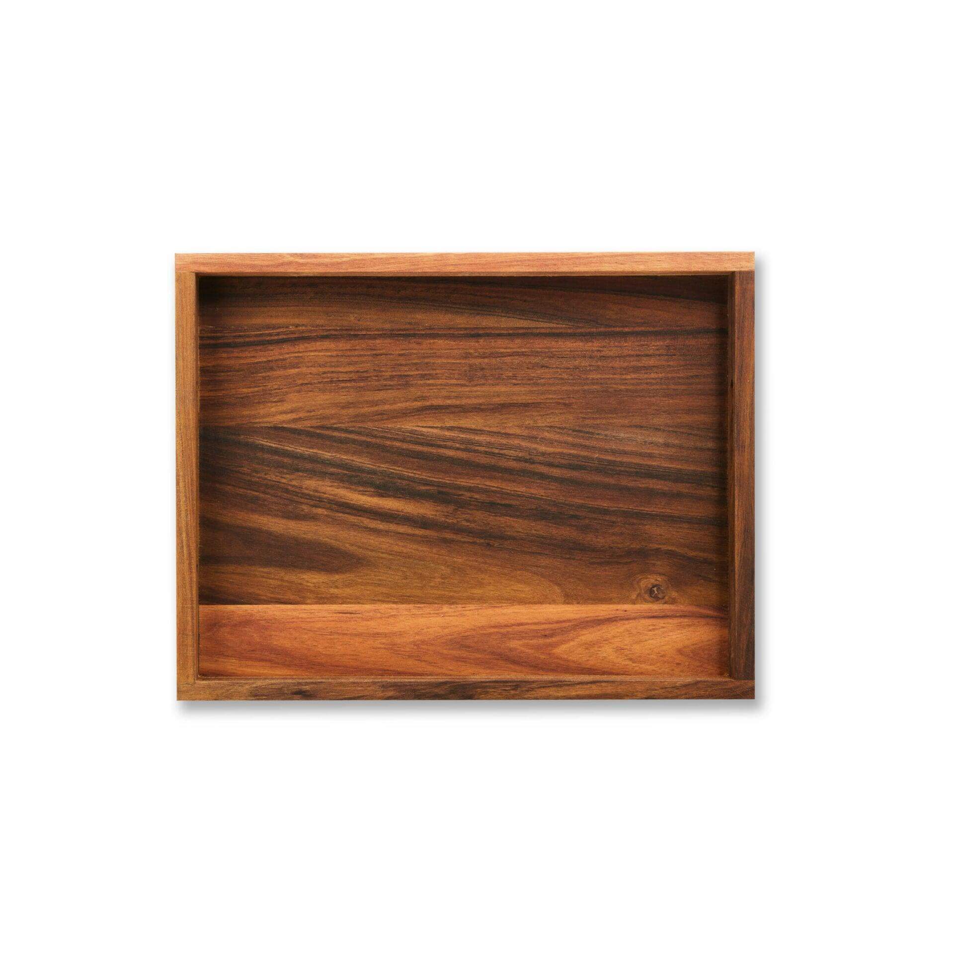 Small acacia wood serving tray, perfect for breakfast or tea, designed for elegance and functionality.