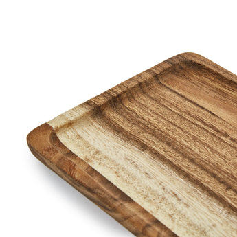 Close-up of a handcrafted square mini wooden tray made of solid Acacia wood with a rustic finish.