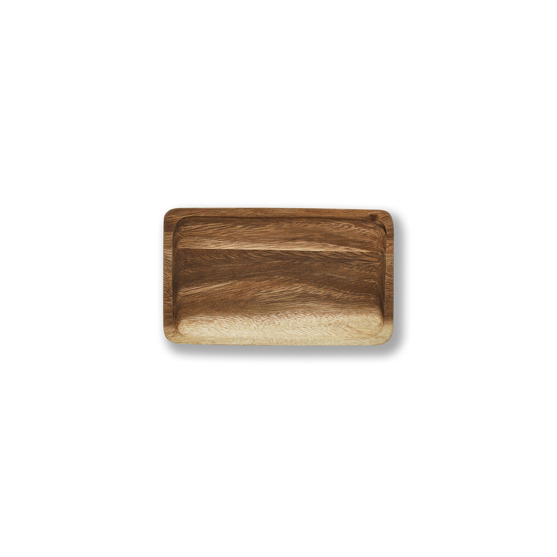 Mini wooden square tray made of solid Acacia wood, featuring a rustic design and raised edges, ideal for serving or organizing.