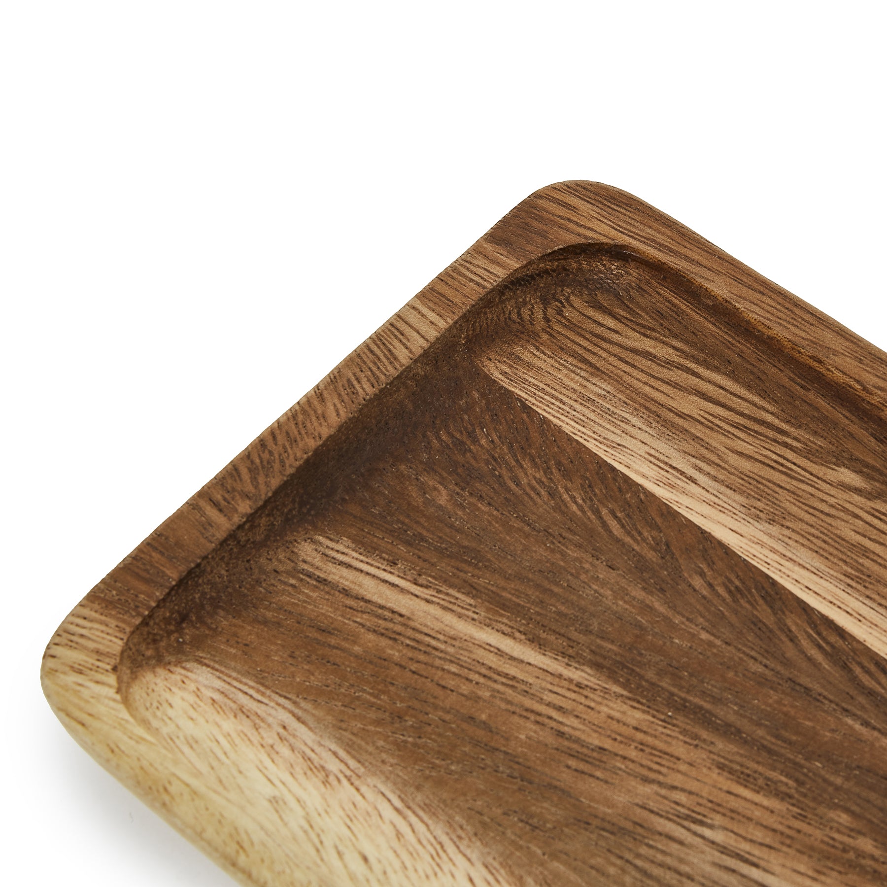 Close-up of a Mini Wooden Tray – Square Style, handcrafted from solid Acacia wood with raised edges.