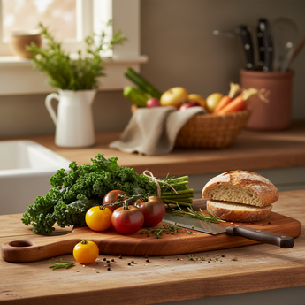 Wooden cutting board with fresh vegetables and bread on a kitchen counter.