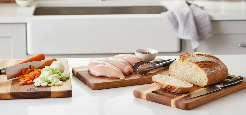 Kitchen counter with cutting boards, vegetables, and bread