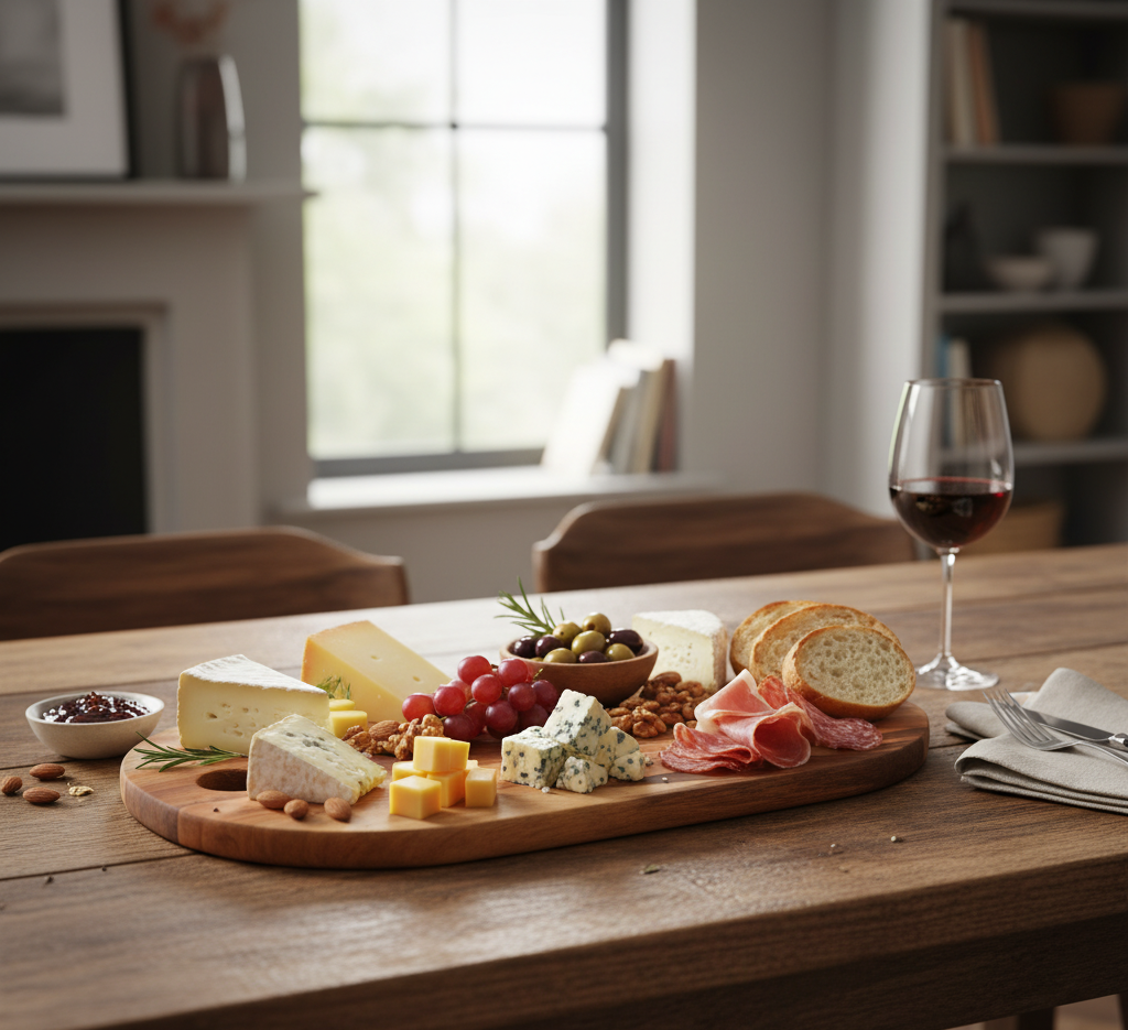 Wooden dining table with a charcuterie board featuring various cheeses, fruits, and meats, accompanied by a glass of red wine.