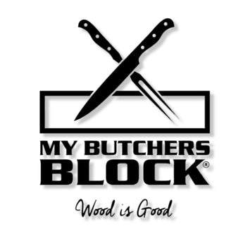 My Butchers Block logo featuring knives over a cutting board, promoting quality wood kitchen products.