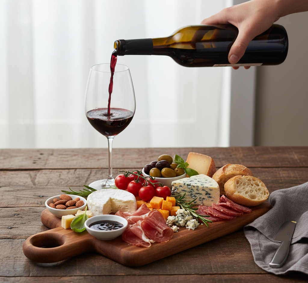 Person pouring red wine into a glass with a charcuterie board on a wooden table.