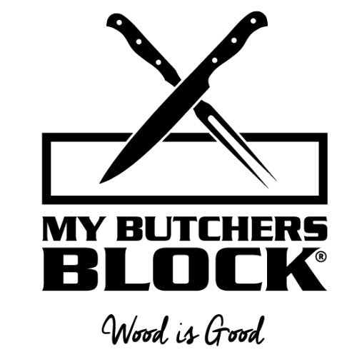 Logo of My Butchers Block featuring crossed knives with the tagline 'Wood is Good'.