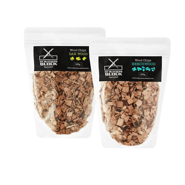 Premium Oak and Beechwood smoking chips in resealable bags, perfect for enhancing smoky flavors in meats and vegetables.