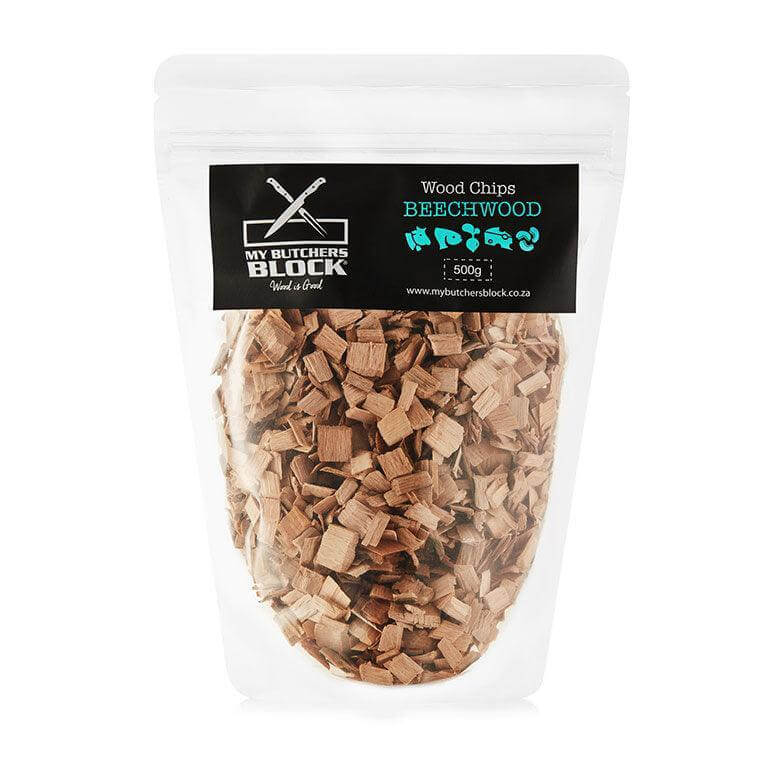 Premium Beechwood smoking wood chips, 500g bag for enhancing flavors in meats and vegetables.