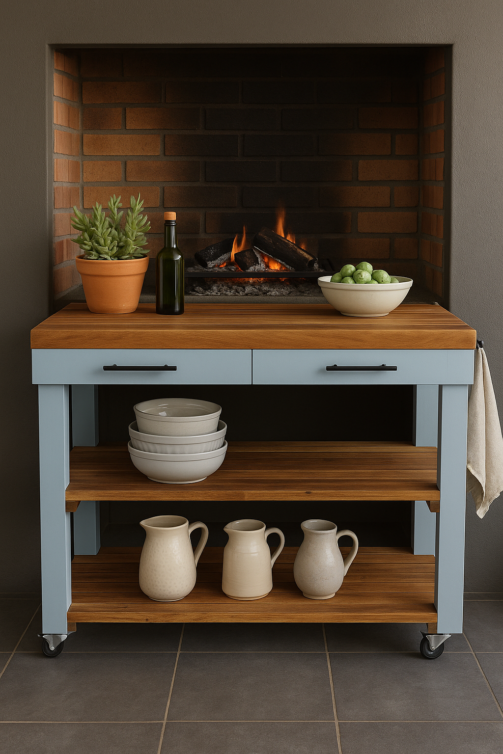 Stylish butcher's bench with solid wood top, double drawers, and decorative items beside a cozy fireplace.