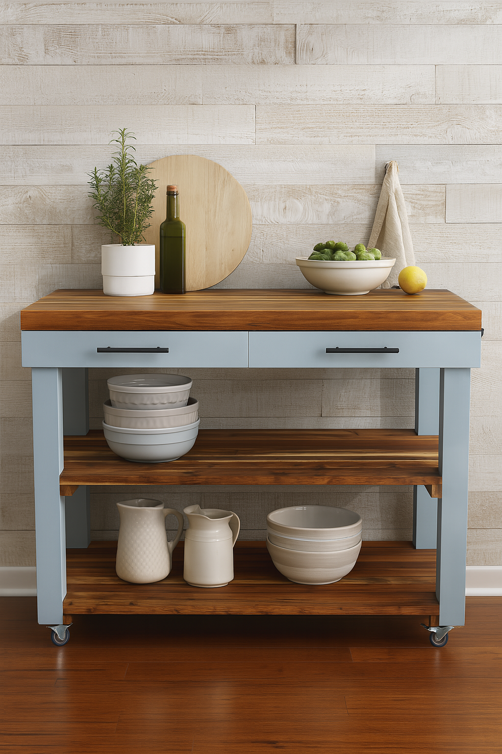 Butcher's Bench with solid wood top, storage shelves, and stylish decor, perfect for food prep and serving.