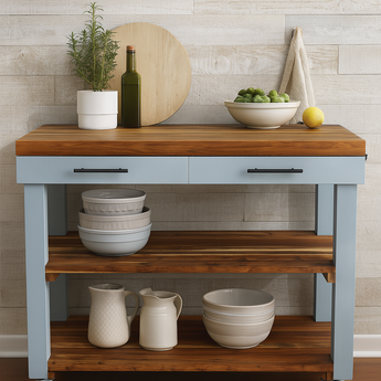 Butcher's Bench with solid wood top, storage shelves, and stylish decor, perfect for food prep and serving.