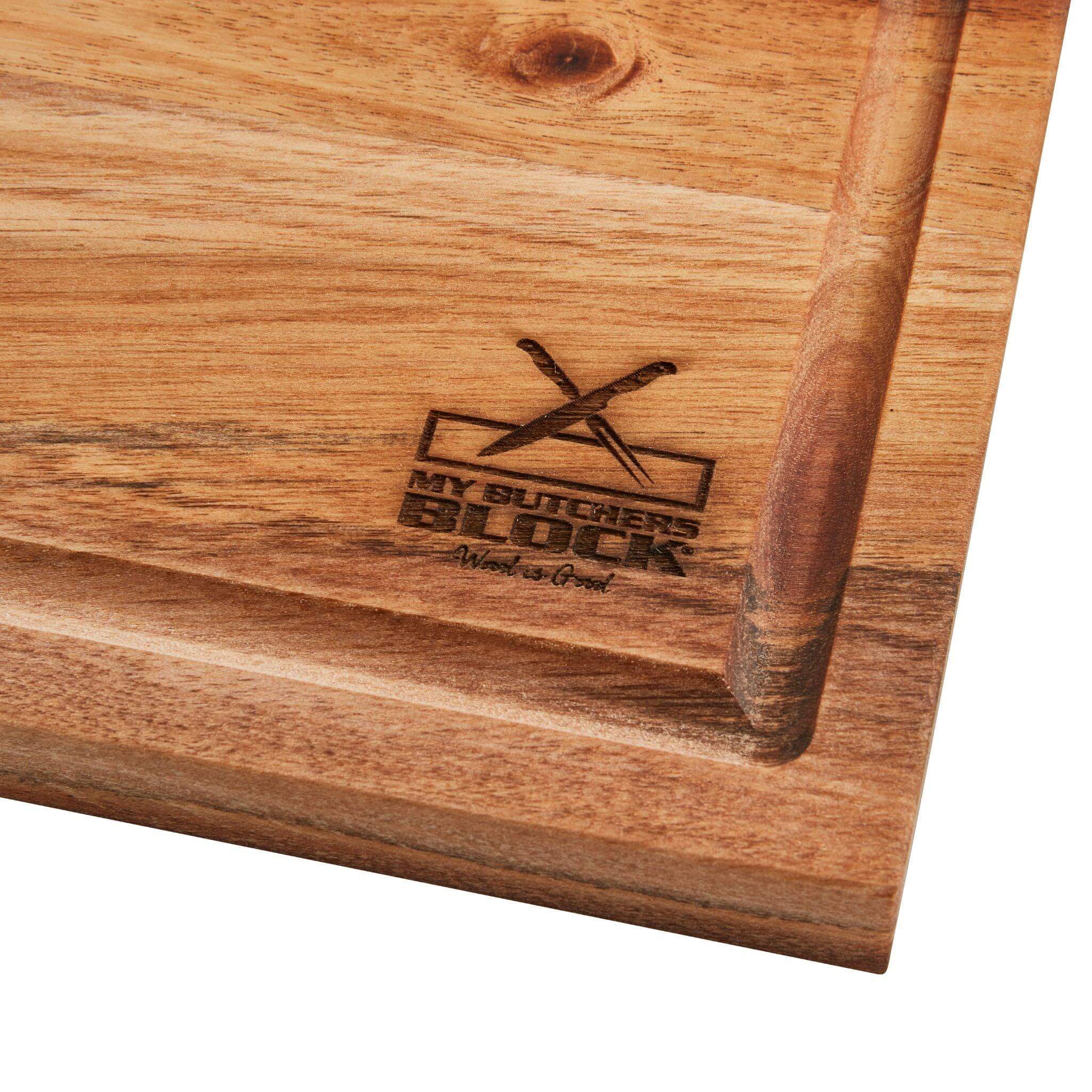 Close-up of the My Butchers Block logo engraved on the Carving Board.