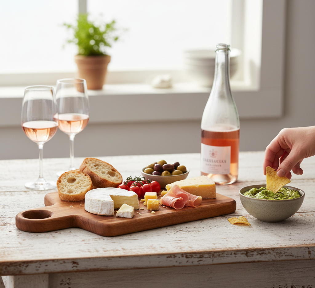 Person dipping a chip into guacamole with a charcuterie board and wine on a wooden table.