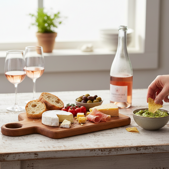 Person dipping a chip into guacamole with a charcuterie board and wine on a wooden table.
