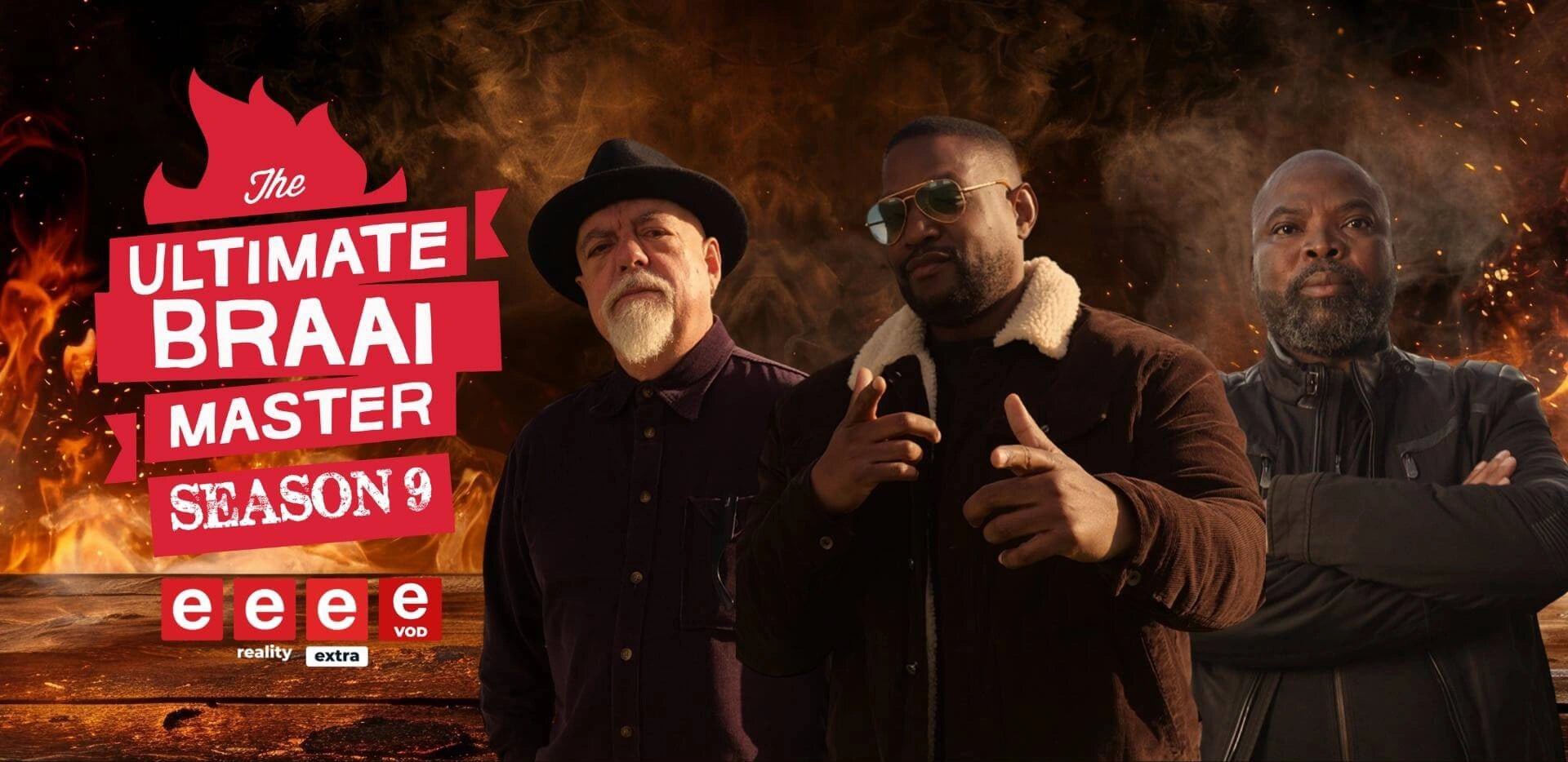 Promotional poster for 'The Ultimate Braai Master' season 9 with three men in front of a fire.
