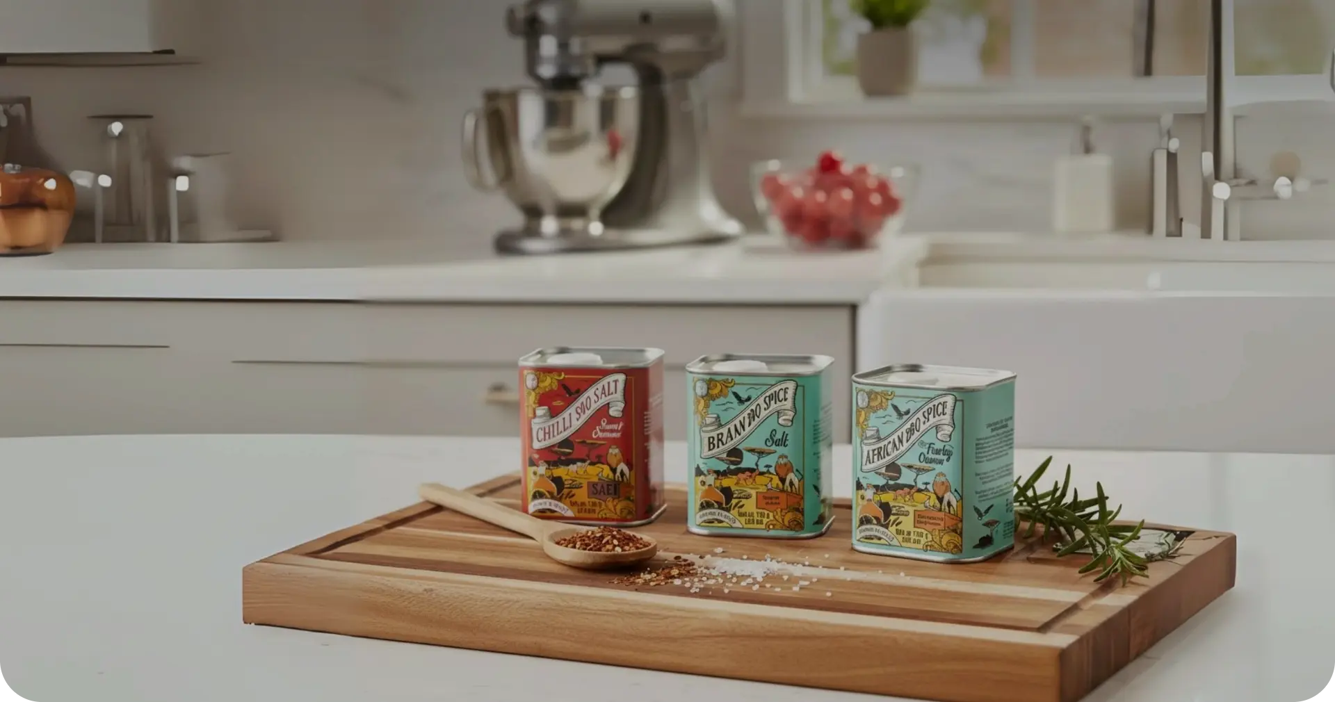 Three vintage-style spice tins on a wooden cutting board in a kitchen setting.