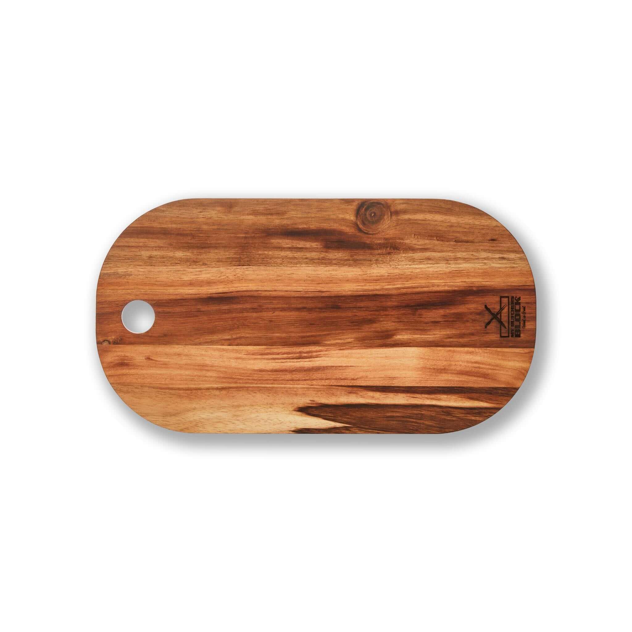 Top-down view of the oval-shaped Phat Serving Board with a natural wood grain pattern and a small circular hole for easy hanging.