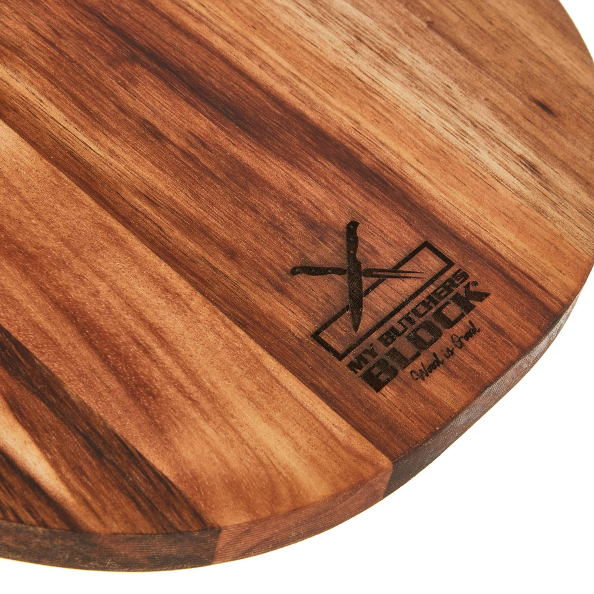 Engraved My Butchers Block logo on the corner of the Phat Serving Board, showcasing the fine craftsmanship and natural wood texture.