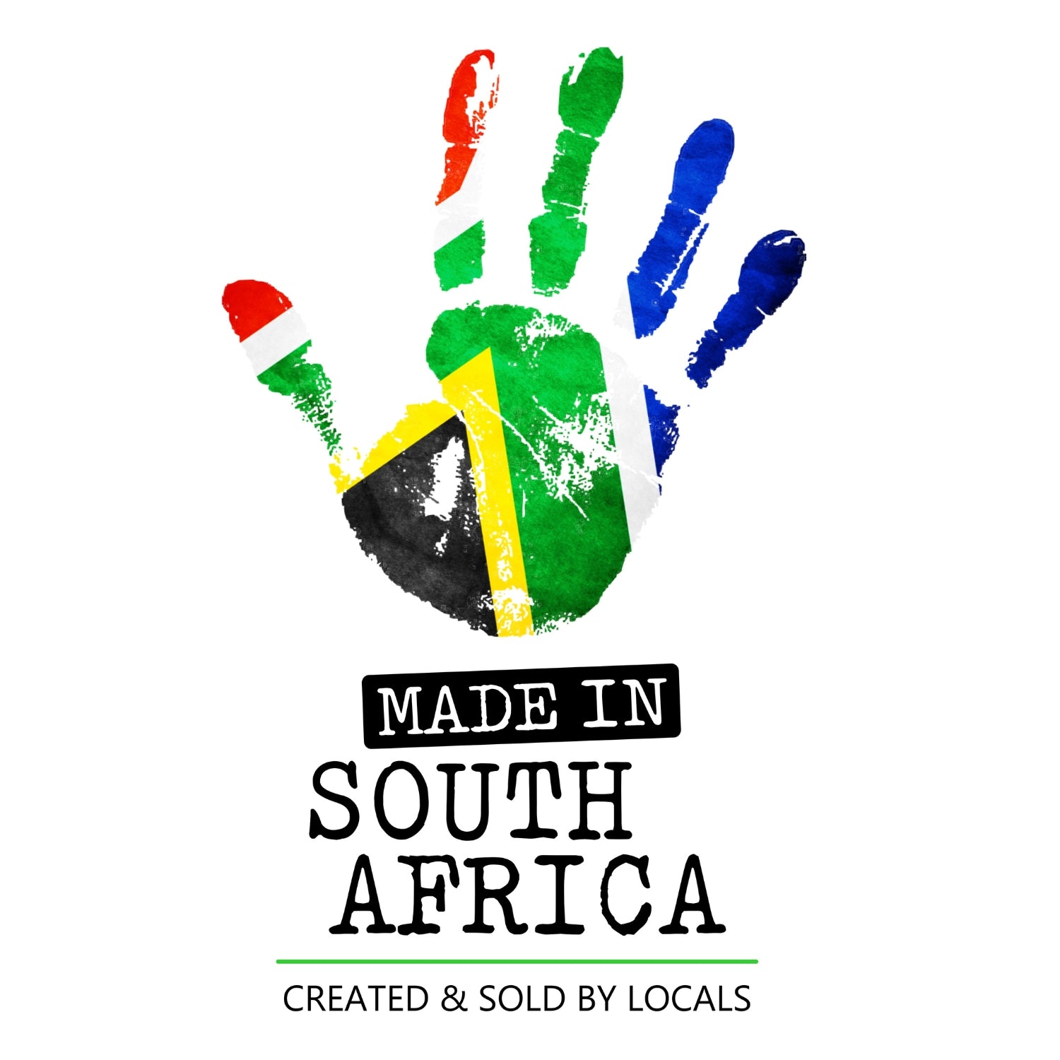 Colorful handprint graphic showcasing 'Made in South Africa' with local pride messaging.