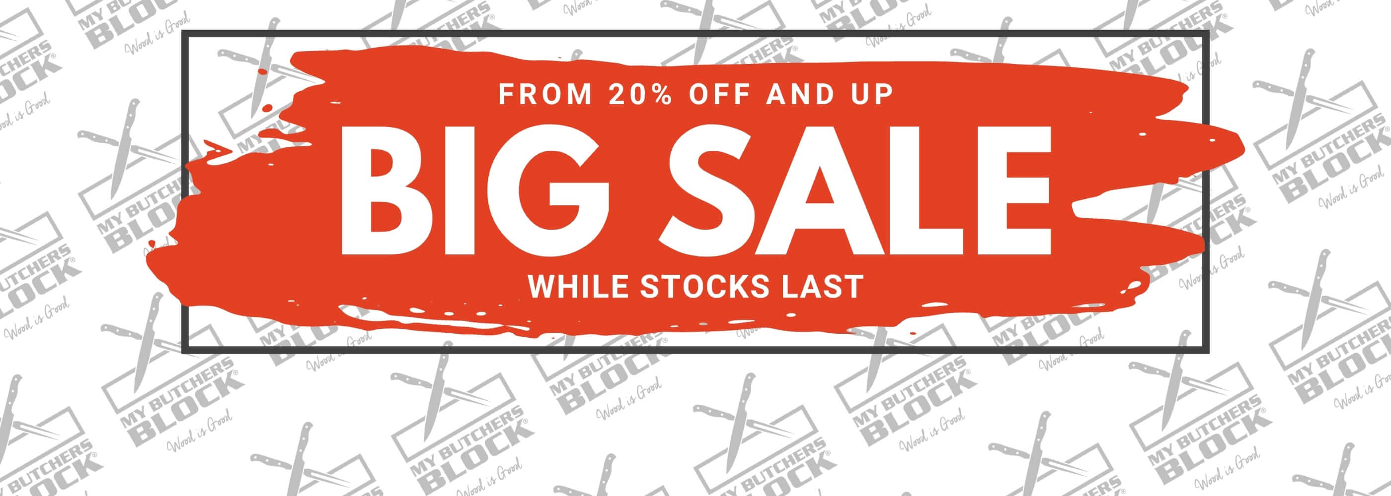 Big sale banner offering discounts from 20% off, highlighting urgency while stocks last.