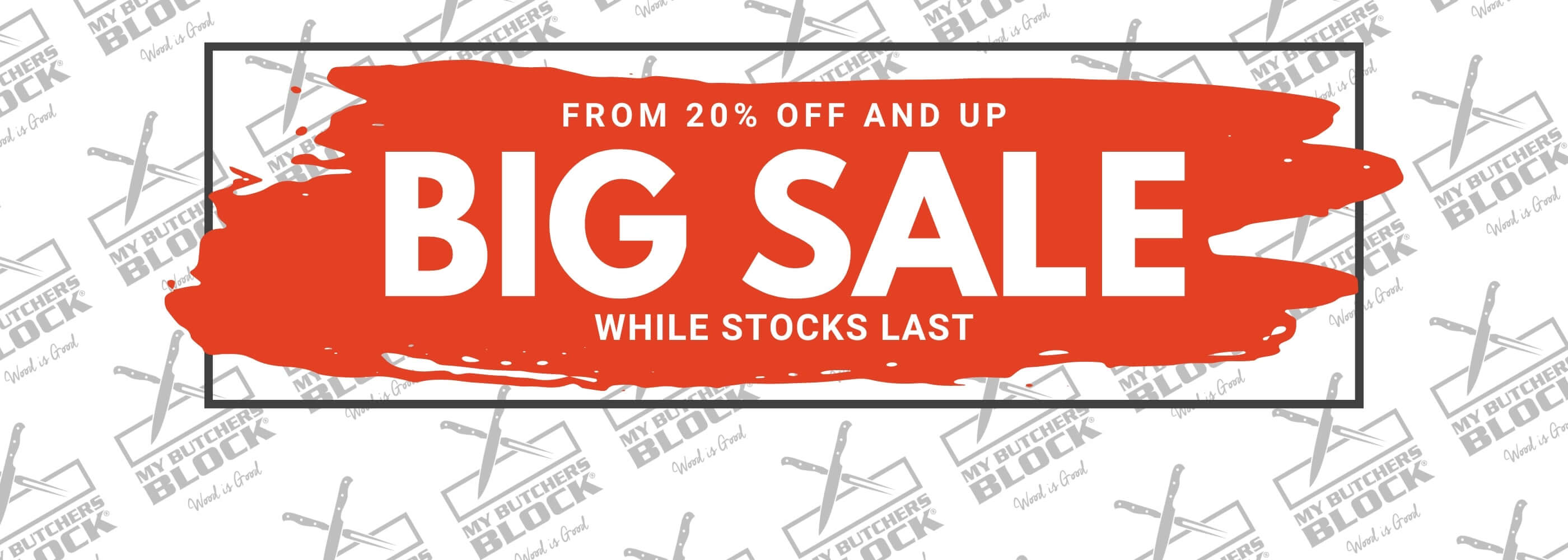 Big sale banner with discounts from 20% off and up, emphasizing limited stock availability.