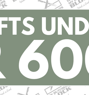 Promotional banner featuring 'Gifts Under R 600' against a muted green background.