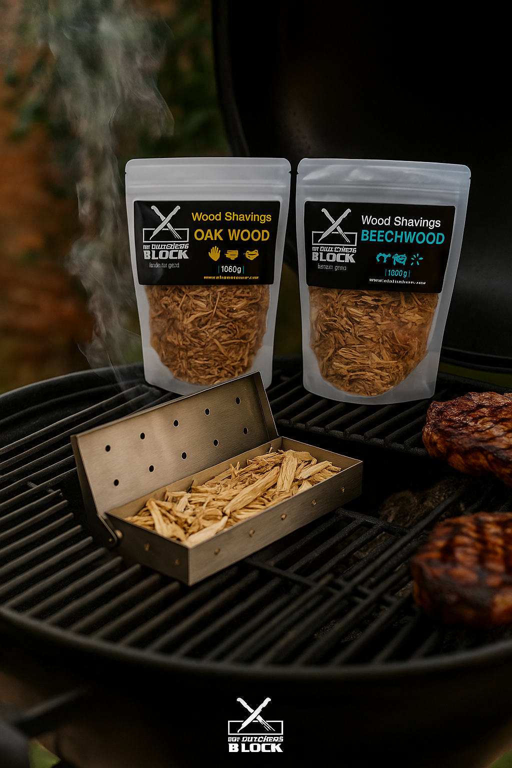 Meat smoking kit featuring Beechwood and Oak wood shavings with stainless steel smoker box on a grill.