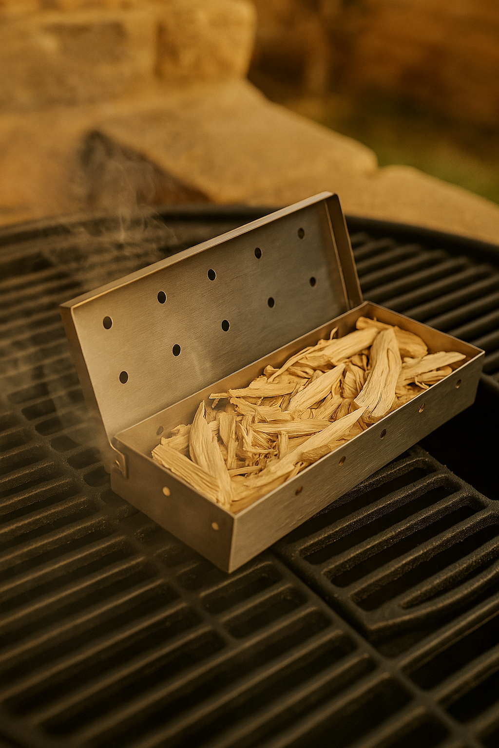 Stainless steel smoker box filled with Beechwood and Oak shavings on a grill, ready for meat smoking.