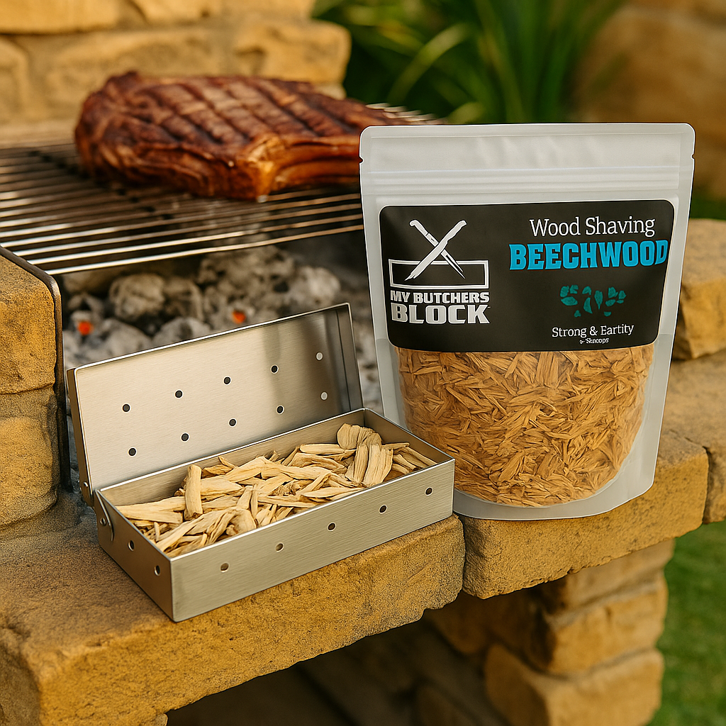 Beechwood wood shavings and stainless steel smoker box for grilling, placed beside a grill with steak.