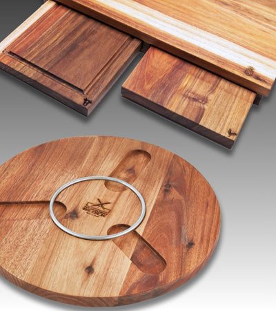 Set of wooden cutting boards featuring a round board and rectangular designs, showcasing natural wood grains.