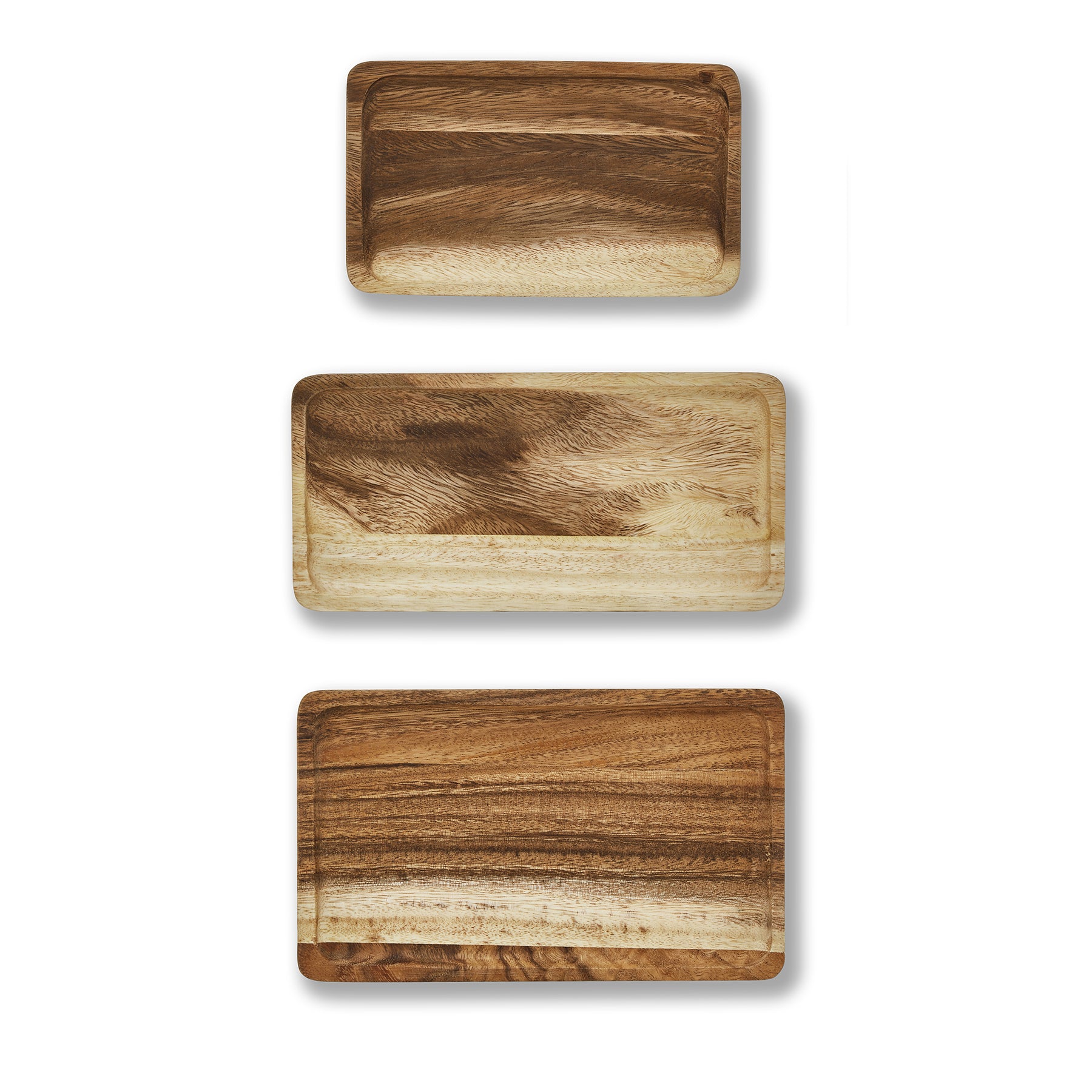 Set of three handcrafted mini wooden trays in various sizes, showcasing a rustic Acacia wood finish.